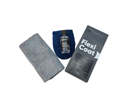 Kit EWOCAR Flexi Coat avec flacon, applicateur bleu, chiffon gris et emballage