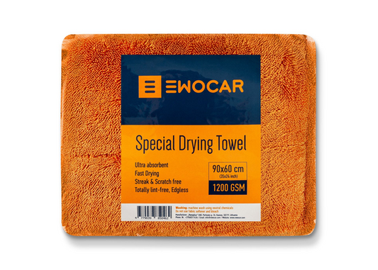 Panno asciugatura arancione EWOCAR Special Drying Towel, 90 × 60 cm e 1200 g/m², nella confezione