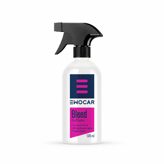 EWOCAR Bleed, decontaminante ferroso 500 ml con etichetta rosa su sfondo chiaro