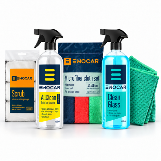 EWOCAR Interior Set mit AllClean 1 l, Clean Glass 1 l, 3 Scrub Pads, 3 Mikrofasertüchern und 2 grünen Waffel-Scheibentüchern