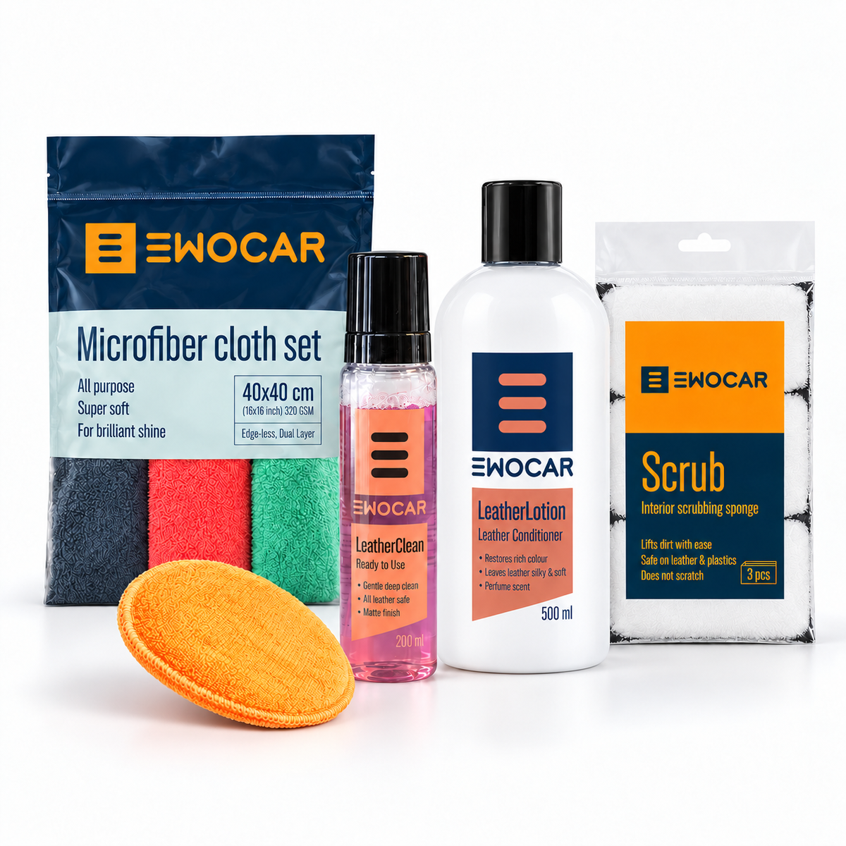 EWOCAR Leather und Alcantara Set mit LeatherClean 200 ml, LeatherLotion 500 ml, drei Mikrofasertüchern, einem orangen Applikator und drei Scrub Pads