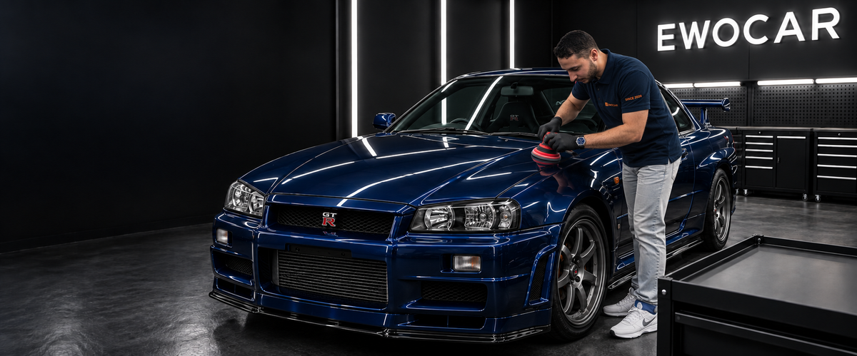 Muhamed im EWOCAR-Polo beim Polieren eines dunkelblauen Nissan Skyline GT-R R34 im EWOCAR-Studio – bearbeitetes Titelbild