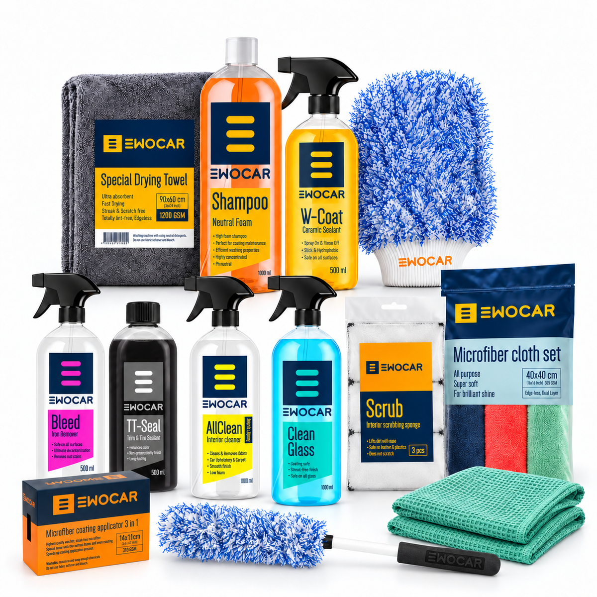 EWOCAR Premium Komplett-Set – Innen & Aussen mit 3er-Pack Applikatoren, zwei grünen Waffeltüchern und EWOCARSCHWEIZ Wasserzeichen