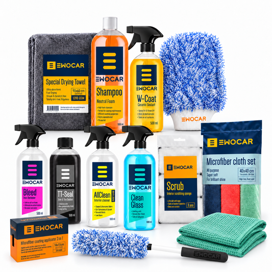 EWOCAR Premium Komplett-Set – Innen & Aussen mit 3er-Pack Applikatoren, zwei grünen Waffeltüchern und EWOCARSCHWEIZ Wasserzeichen