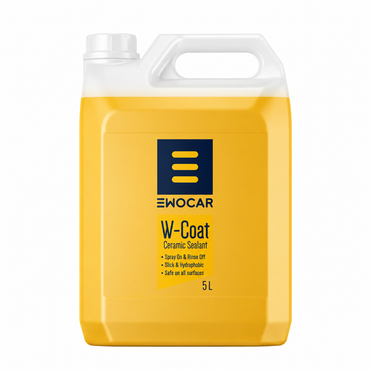 EWOCAR W-Coat Ceramic Sealant im gelben 5-Liter-Kanister mit weissem Verschluss vor weissem Hintergrund