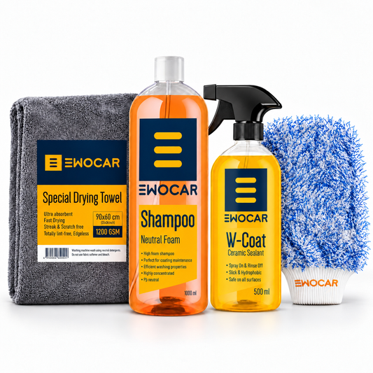 EWOCAR Wash & Protect Set mit Special Drying Towel 60 × 90 cm, Neutral Foam Shampoo 1 l, Wash Mitt und W-Coat 500 ml