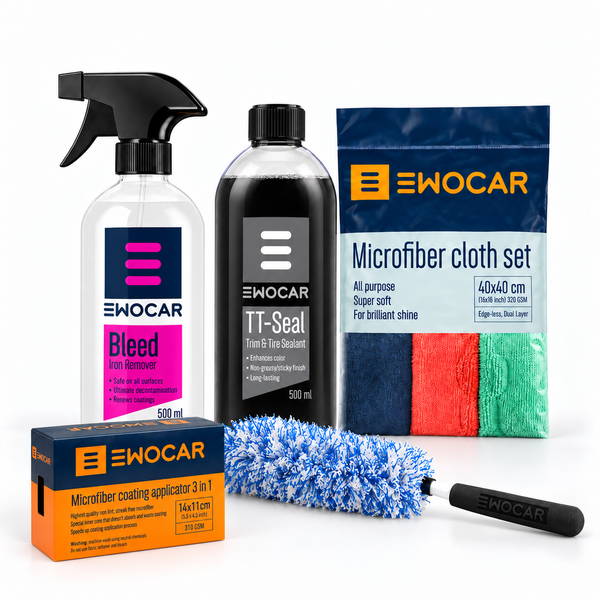 EWOCAR Wheel & Tire Set mit Bleed 500 ml, TT-Seal 500 ml, Mikrofaser-Felgenbürste, 3er-Pack Tüchern und 3er-Pack Coating-Applikatoren