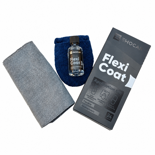 Kit EWOCAR Flexi Coat avec flacon, applicateur bleu, chiffon gris et emballage